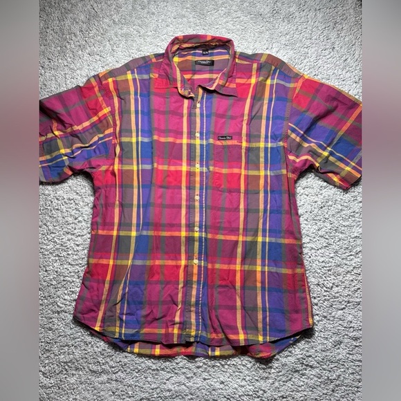 Christian Dior Shirt Mens Extra Large Button Up Plaid Short Sleeve Cotton Beach - Picture 1 of 5